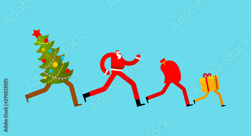 Christmas runs. Gift Delivery. Santa and Christmas tree running. Xmas and New Year vector illustration