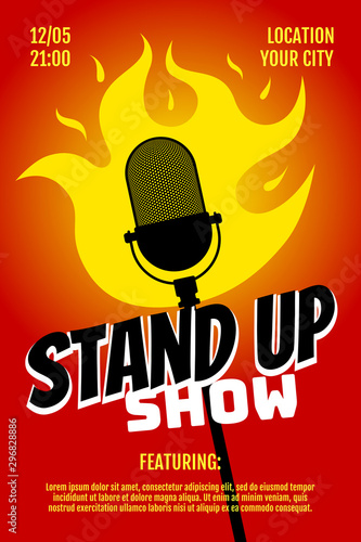 Stand up comedy night live show A3 A4 poster design template. Retro fire microphone on red gradient background. Hot jokes roast concept flyer. Vector burning open mic stage humor illustration