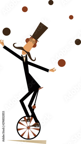 Funny long mustache man in the top hat balances on the unicycle and juggles the balls isolated on white