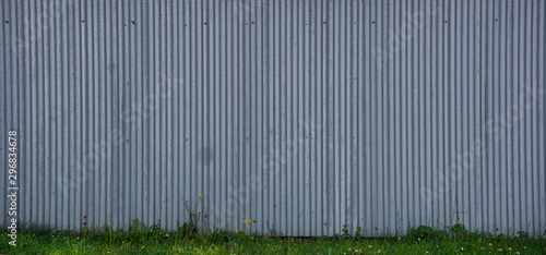 Horizontal background with corrugated fence and green grass