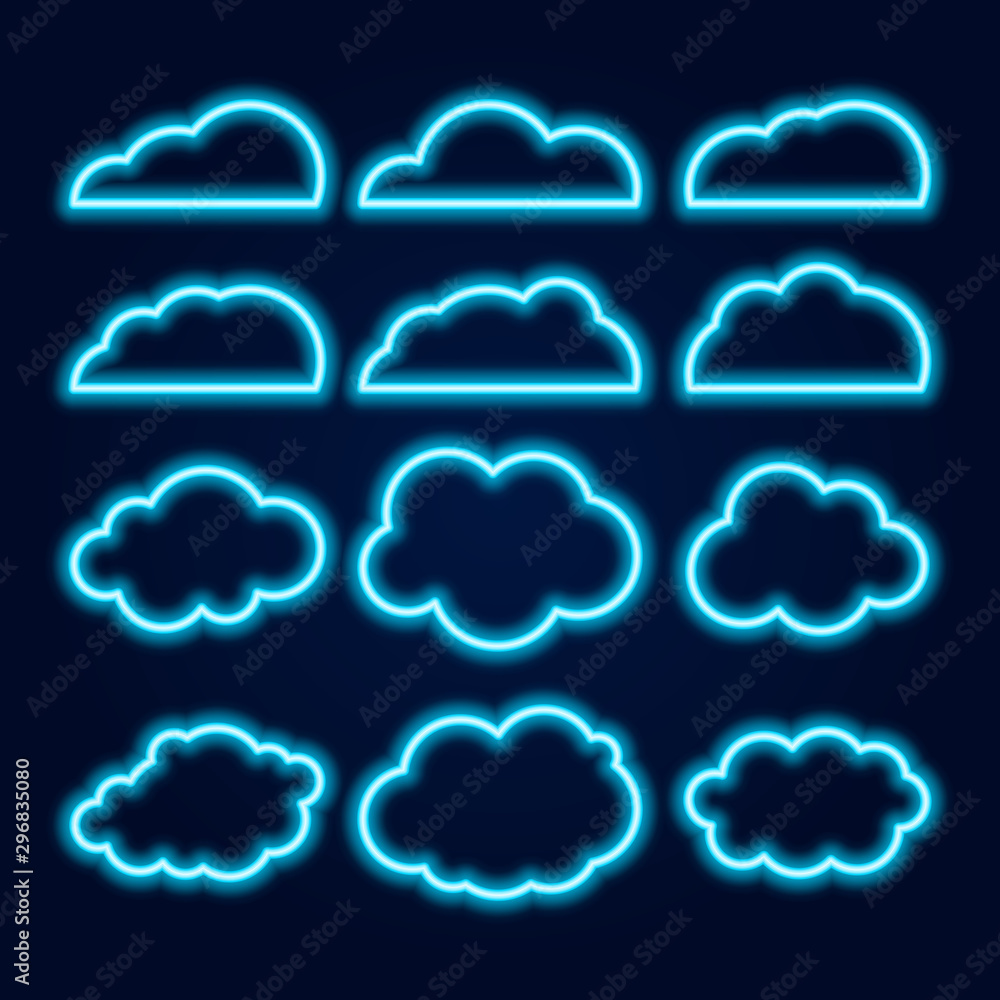 Vector Neon Cloud Icons Set, Glowing Bright Blue Lines on Dark