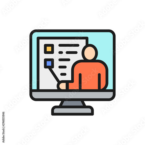 Video education, webinar, web conference, online support flat color line icon.