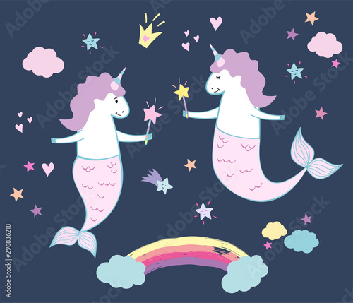 Cute magical unicorn mermaid characters