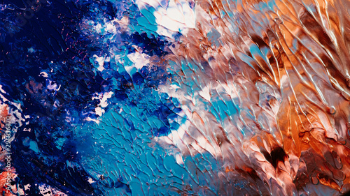 Fototapeta Teksturowanej streszczenie tło. Rozmazana niebieska, biała i brązowa mokra farba akrylowa. Fale morskie na piaszczystej plaży.