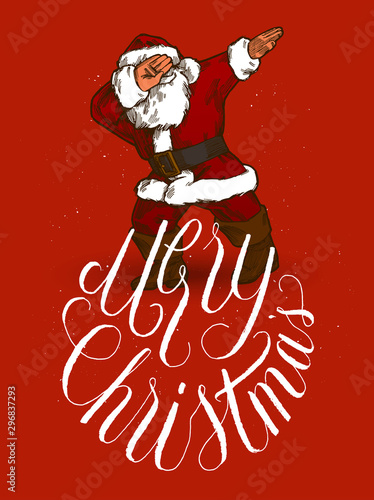 Santa Claus dabbing with a Merry Christmas curly sophisticated calligraphy lettering