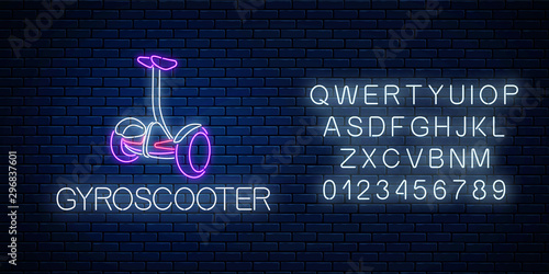 Two-wheeled gyro-scooter eco transport with alphabet. Glowing neon sign electric gyroscooter. Self-balancing hoverboard