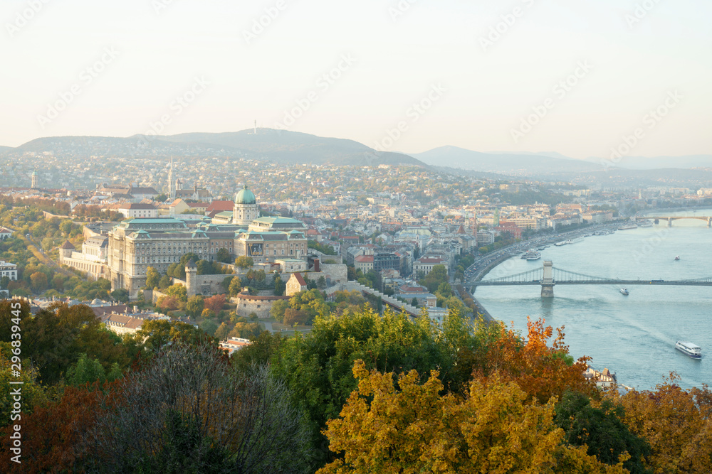 Aerial skyline view of Budapest at sunrise with Szechenyi Chain Bridge over River Danube, Matthias Church Aerial skyline view of Budapest at sunrise with Szechenyi Chain Bridge over River Danube, Matthias Church
