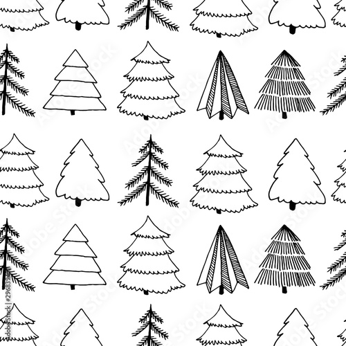 Black and white seamless surface pattern with hand-drawn ink sketch of Christmas and New Year tree. Vector illustration