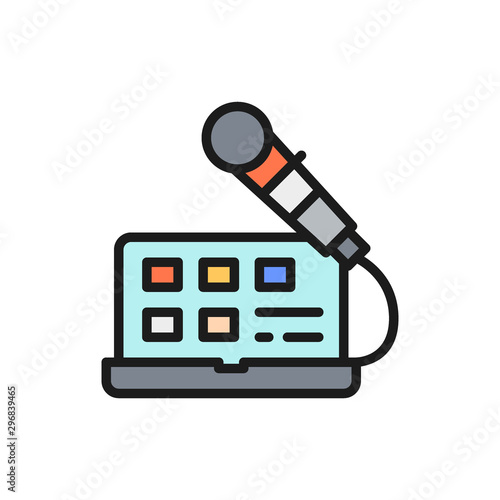 Laptop with microphone, sound recording, radio host, broadcasts color line icon.