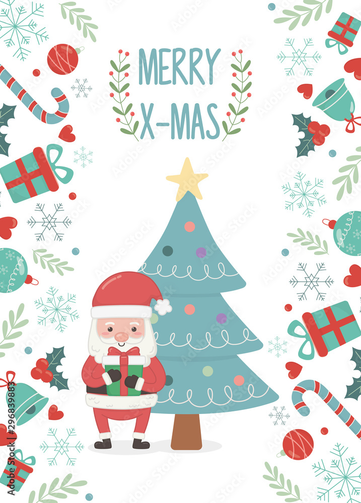 santa claus and tree decoration merry christmas card