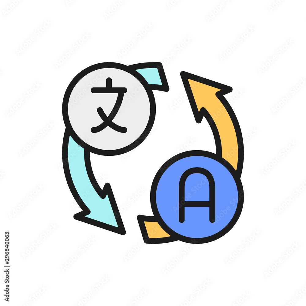 Language translation, translate, conversation flat color line icon. Language translation, translate, conversation flat color line icon.