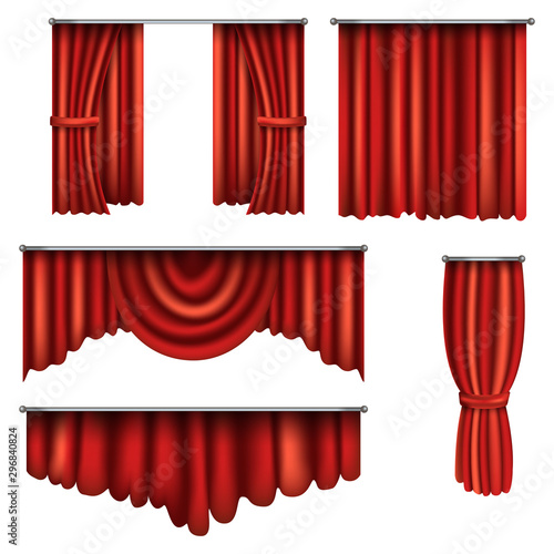 Set of vector realistic red decorative curtains. Luxurious curtains. Artistic decoration of the cinema or theater hall.
