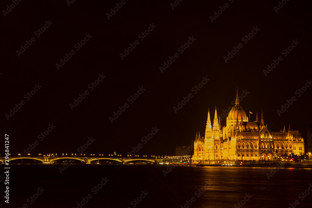 Obraz premium Hungarian parliament in budapest at night, europe, lights, architecture, city, travel, panorama, river, marketing concept, social media.