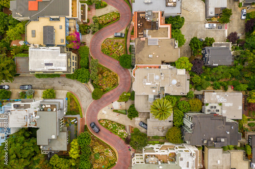Aerial view of the famous Lombard Street, San Francisco, California, USA