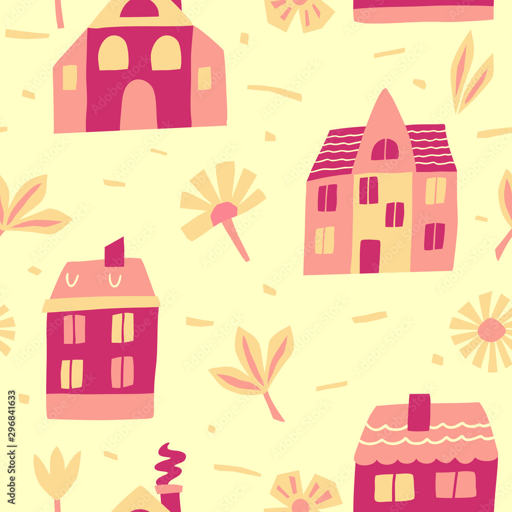 Childish seamless pattern with houses and flowers. Perfect for children's textiles. Cartoon illustration.