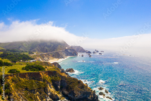 Arial view of the California Bixby bridge in Big Sur in the Monterey County along side State Route 1 US, the ocean road. 