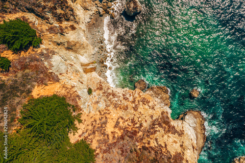 Magical aerial view of the route 101 by the Californian Pacific Coast on the way from Los Angeles to San Francisco near Big Sur Bixby Bridge.
