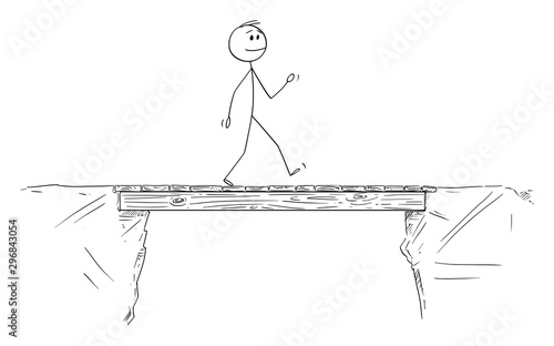 Vector cartoon stick figure drawing conceptual illustration of man or businessman walking and crossing the bridge.