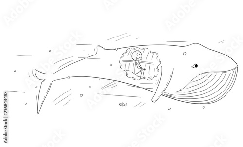 Vector cartoon stick figure drawing conceptual illustration of man sitting inside of the whale, biblical stroy of Jonas or Jonah and the whale.