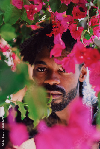 Man looking through bright pink flowers