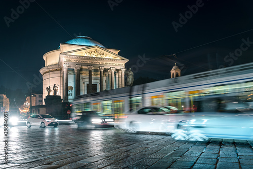 Gran Madre di Dio Church in Turin, City illuminated at night
