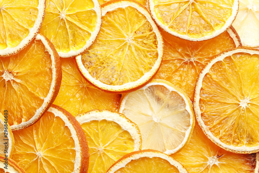 Composition from Dried citruses, closeup as background. Top view. Place for text. Pattern. Print Composition from Dried citruses, closeup as background. Top view. Place for text. Pattern. Print