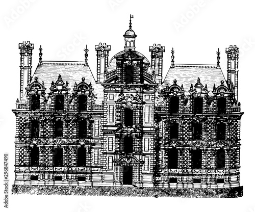 Château de Beaumesnil lowest level of administrative division vintage engraving.