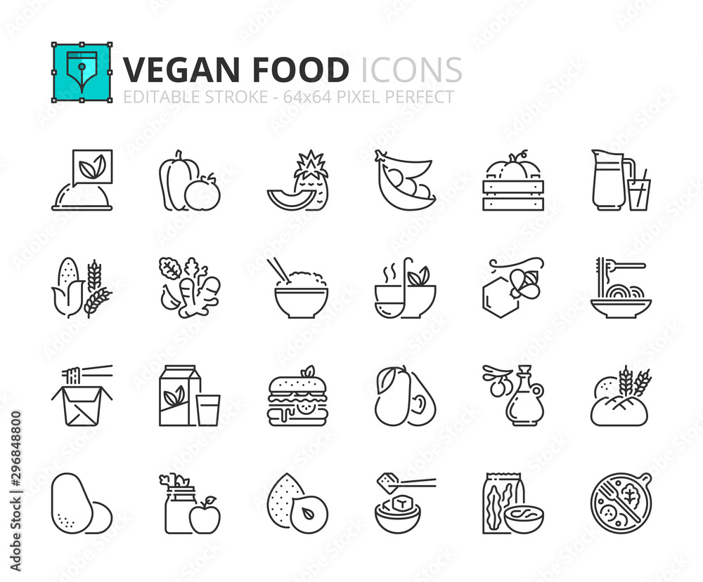 Simple set of outline icons about vegan food. Fruits, vegetables, beans, nuts, grains and soy. Simple set of outline icons about vegan food. Fruits, vegetables, beans, nuts, grains and soy.