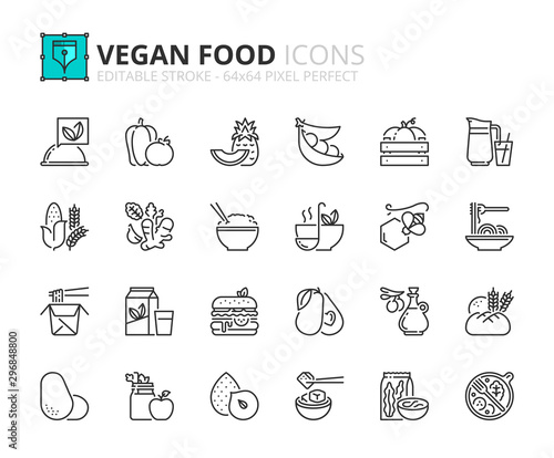 Simple set of outline icons about vegan food. Fruits, vegetables, beans, nuts, grains and soy.