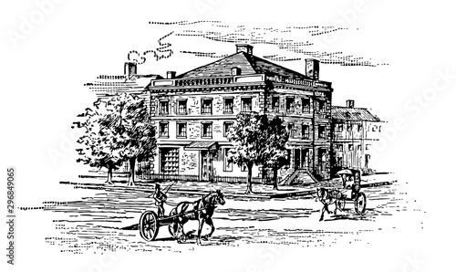 George Washington House on Cherry Street New York 1789 vintage illustration.