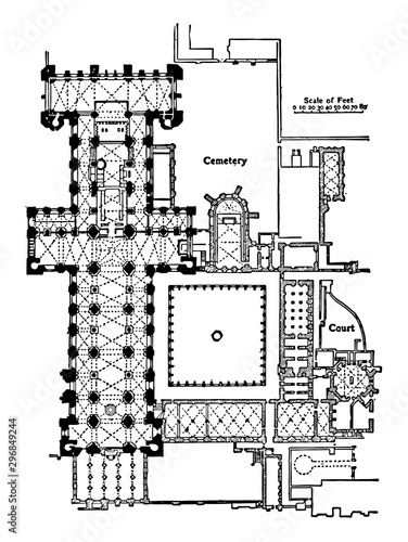 Plan of Durham Cathedral an example of English Gothic architecture vintage engraving.