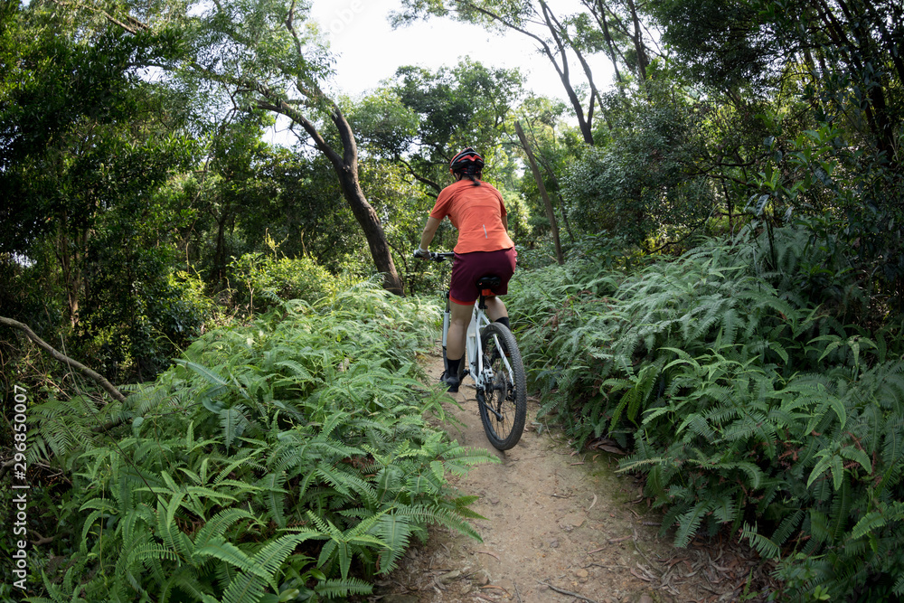 Cross country biking woman cyclist riding mountain bike on tropical forest trail