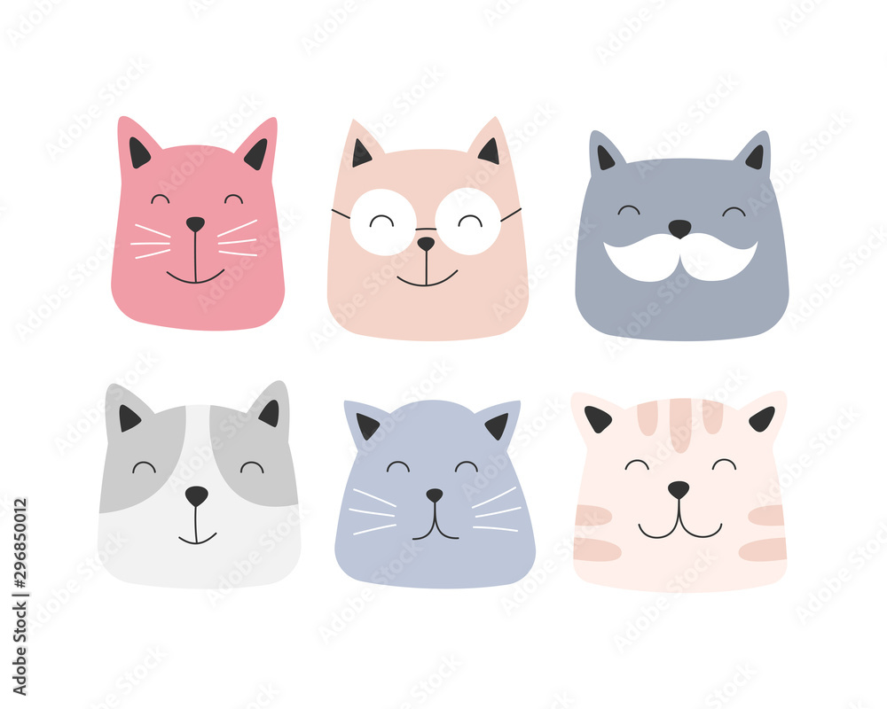 Set of cute cat faces. Vector illustration for kids. Set of cute cat faces. Vector illustration for kids.