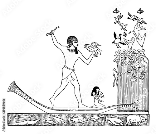 Egyptian Noble Hunting Waterfowl vintage illustration.
