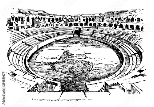 Ampitheater of Nimes France open to air venue used for entertainment vintage engraving.