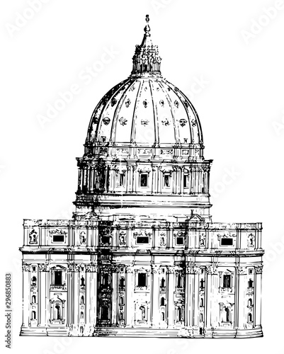 Back View of St. Peter Rome dome vintage engraving.