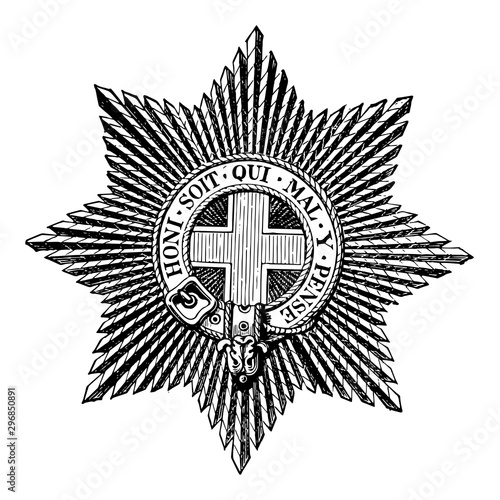 Star of the Order of the Garter is worn on the left breast vintage engraving.