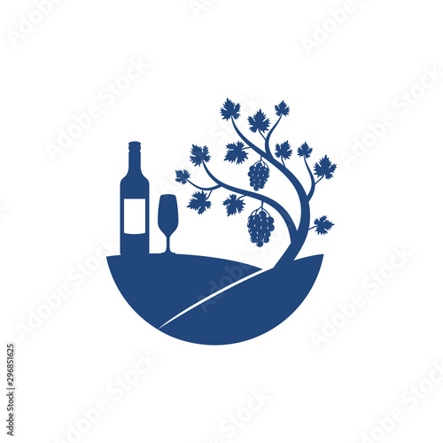 grape vine fruit plant in the hill with wine bottle and glass vector logo design illustration