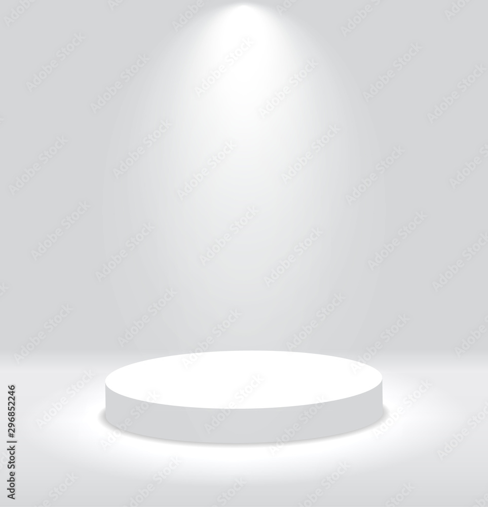 White 3d round podium with light and lamp. Winner stand with spotlights. Empty pedestal platform for award. Podium, stage pedestal or platform illuminated by light on isolated background. vector
