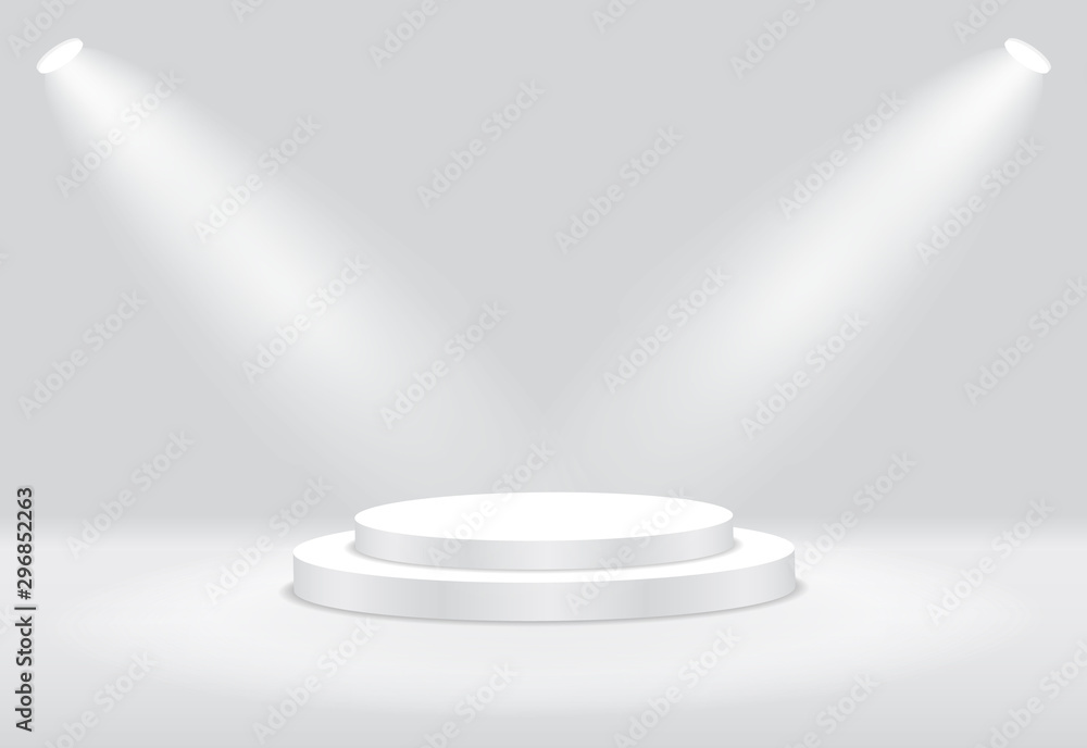 White 3d round podium with light and lamp. Winner stand with spotlights. Empty pedestal platform for award. Podium, stage pedestal or platform illuminated by light on isolated background. vector White 3d round podium with light and lamp. Winner stand with spotlights. Empty pedestal platform for award. Podium, stage pedestal or platform illuminated by light on isolated background. vector