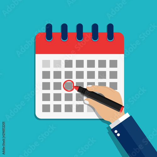 Calendar date circled of hand man. Circled appointment of calendar date of marker. Cartoon check event illustration. Mark holiday on the calendar. Schedule of plan deadline. Flat graphic vector