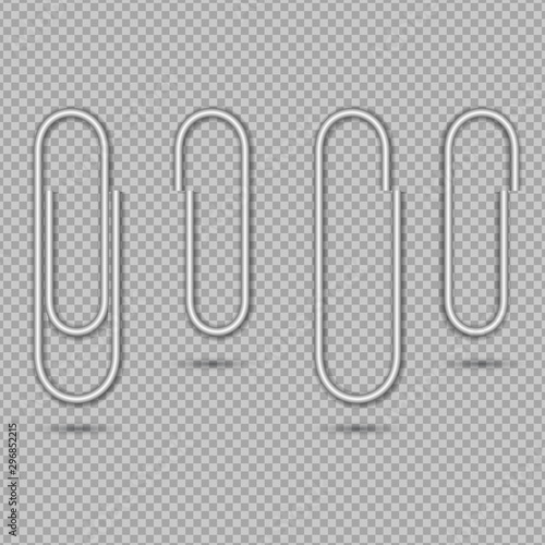 Paper clip for attach note, office memo, post. Metal paperclip isolated on transparent background. Set of silver holder binder clip with shadow. Paper clips attached to list paper. vector illustration