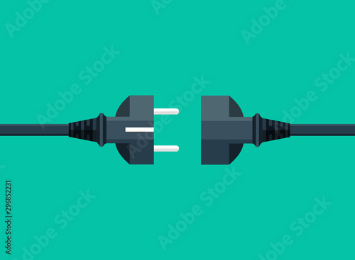 Electric plug and socket disconnect. Concept of 404 error connection. Electric plug icon and outlet socket unplugged, flat page.Circuit of plug connect off. Wire, cable of energy disconnect. vector photo
