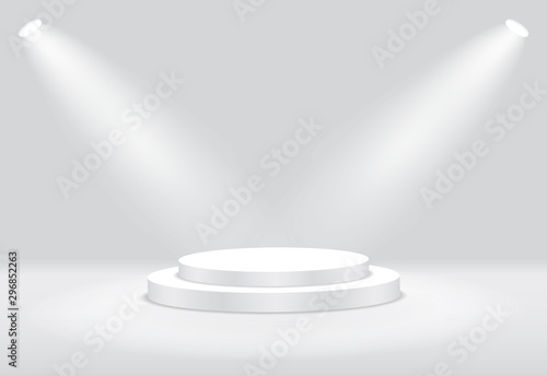 White 3d round podium with light and lamp. Winner stand with spotlights. Empty pedestal platform for award. Podium, stage pedestal or platform illuminated by light on isolated background. vector