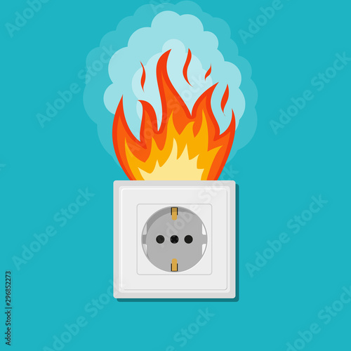 Electric wiring of socket in fire. Electrical safety concept. Plug outlet on fire. Electrical shock power. Short circuit in flat, cartoon style. Overload electrical connection. vector