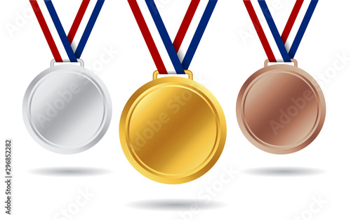 Gold, silver, bronze medals. 3d award medal for 1st, 2nd, 3nd place. Blank insignia of medal with red, white, blue ribbon for victory of winner. Champion reward. Design honor medal isolated. vector photo