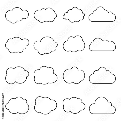 Cloud icon in line style. Set of art clouds shape in flat linear style. Outline simple black cloud of sky. Storage solution databases, software image, cloud and meteorology concept. vector