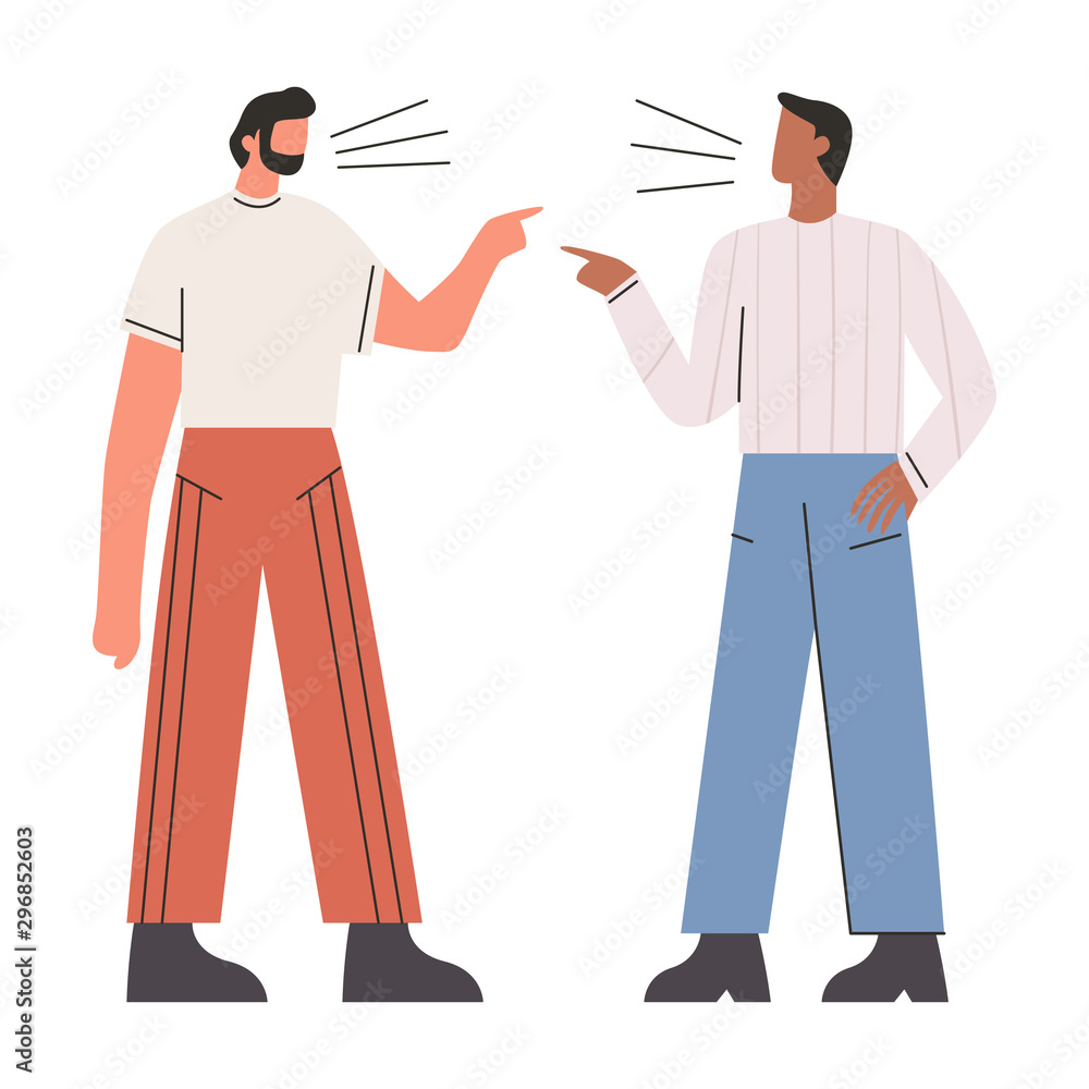 Unhappy men arguing. Two people pointing fingers at each other. Concept of addicted partner, bad relationships, two angry people. Flat vector illustration Unhappy men arguing. Two people pointing fingers at each other. Concept of addicted partner, bad relationships, two angry people. Flat vector illustration