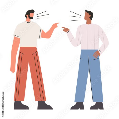 Unhappy men arguing. Two people pointing fingers at each other. Concept of addicted partner, bad relationships, two angry people. Flat vector illustration