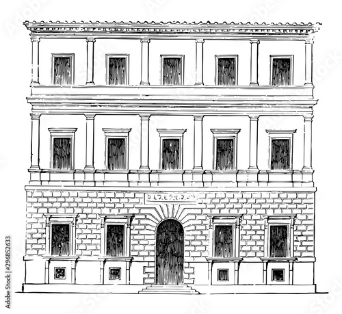 Small Palace at Rome by Balthazar Peruzzi vintage engraving. photo